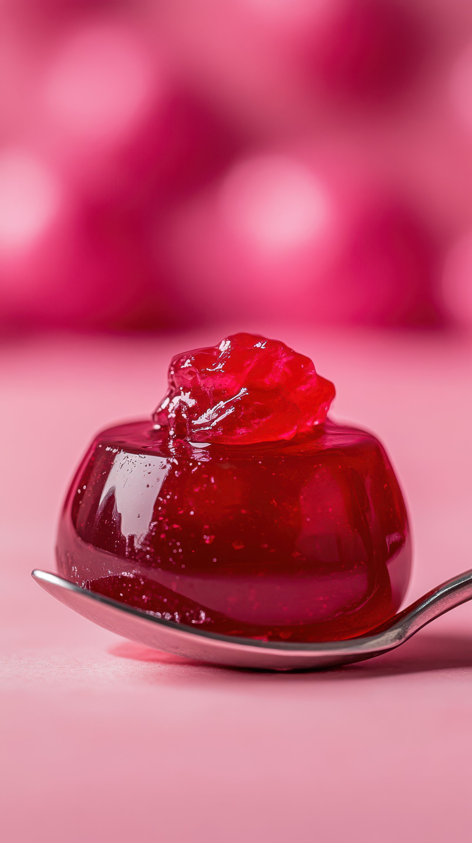 Bright red jelly dessert served on a spoon against a blurred pink background in a cozy setting